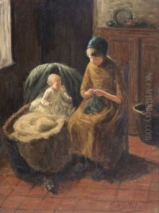 Mutter Mit Strickzeug An Der Wiege by Henricus Johannes Melis