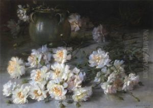Stilleben Mit Weis-rosa Nelken Und Einem Krug