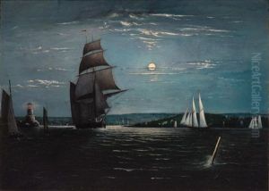 Ship Leaving Harbor By Moonlight (castine Harbor) by Mary Blood Mellen
