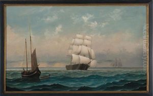 Ship At Sail With Fishing Boat And Schooner by Mary Blood Mellen