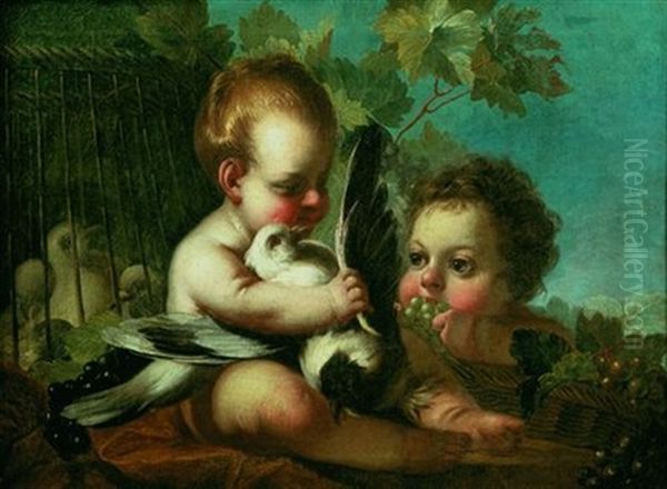 Deux Putti Jouant Avec Des Colombes - view 1