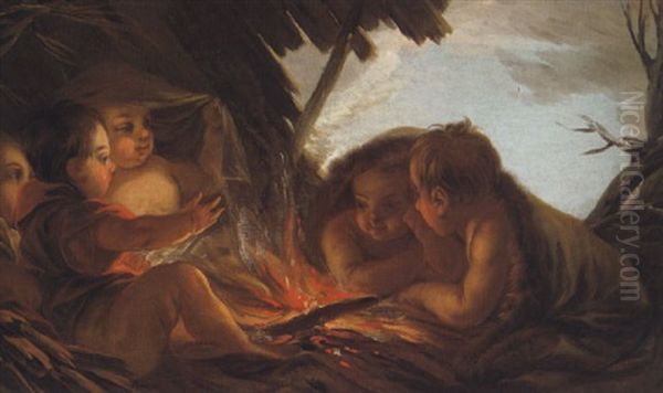 Putte, Die Sich In Einer Abendlichen Landschaft Am Feuer Warmen - view 1