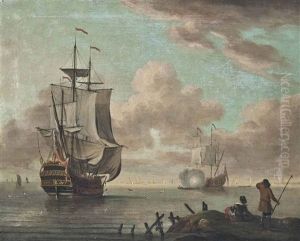 A Man-o'war Getting Underway From Its Anchorage, With Another Saluting Offshore