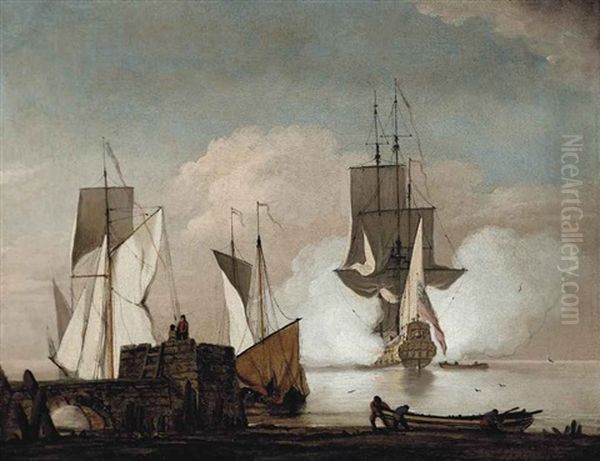 A British Man-o-war Firing Canons - view 1