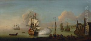 English And Dutch Ships In A Mediterranean Harbour by Thomas Mellish