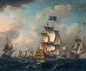 A Squadron Of The Red At Sea, The Admiral's Flagship In The Foreground by Thomas Mellish