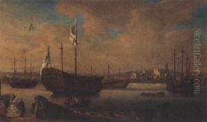 Men-o'war Laid Up Off Chatham, With A View Of Rochester Beyond