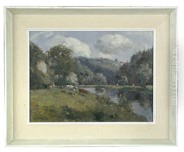 Cattle Grazing In The Wye Valley; And A Ferry Boat Crossing A River In The Wye Valley - view 1