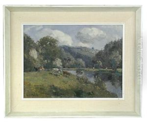 Cattle Grazing In The Wye Valley; And A Ferry Boat Crossing A River In The Wye Valley by Campbell A. Mellon