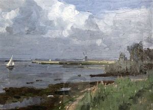Coastal Landscape With Windmill by Campbell A. Mellon