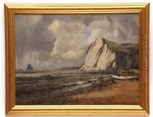Coastline At Dover With Figures And Fishing Boats On The Shore by Campbell A. Mellon