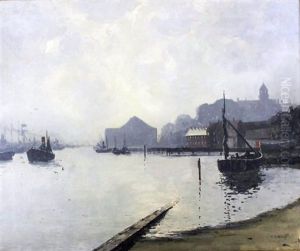 River Scene In Winter With Various Boats And Shipping To Foreground And Church And Town To Background by Campbell A. Mellon