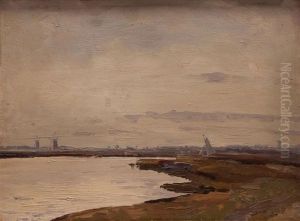 Broadland View With Distant Windmills by Campbell A. Mellon