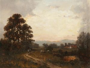 Figures And Cattle In A Landscape At Sunset