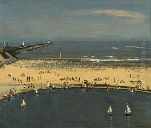 Crowded Beach, Gorleston, With Boating Pond To The Foreground