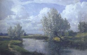 Greywillows, St. Olaves, Early July 1929: A Meandering Suffolk River Landscape With A Tree Standing Askant By The Riverside, A Windmill Beyond
