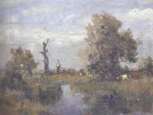 Sketch - St. Olaves; Cattle Grazing Beside A Suffolk River, A Windmill Beyond by Campbell A. Mellon