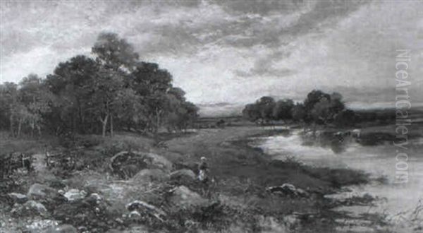 Cattle, A Figure And Dog In A Water Meadow - view 1