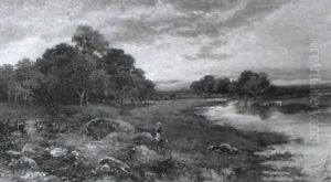 Cattle, A Figure And Dog In A Water Meadow