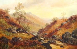 Shepherd With Sheep By A Highland Stream by William Mellor