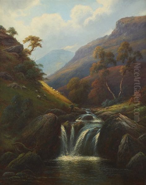 Man Fishing In A Valley With Sheep - view 1