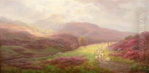Shepherd And Sheep In Moorland by William Mellor