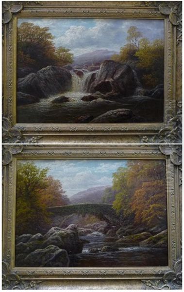 River Landscape With Waterfall In The Foreground, Hills Beyond And Bridge Spanning A Rocky River, Hills In The Distance (pair) - view 1
