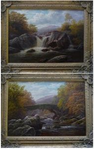 River Landscape With Waterfall In The Foreground, Hills Beyond And Bridge Spanning A Rocky River, Hills In The Distance (pair) by William Mellor