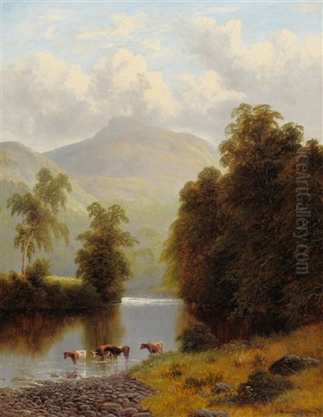 Summer River Landscape With Cattle Watering - view 1