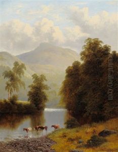Summer River Landscape With Cattle Watering by William Mellor