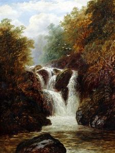 Rocky Waterfall In A Wooded River Landscape by William Mellor