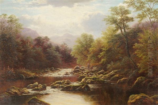 Langdale Pikes From The River, Langdale Westmorland, Figures Fishing On A Riverbank - view 1