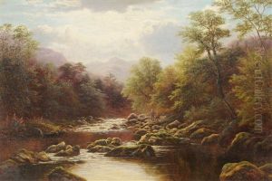 Langdale Pikes From The River, Langdale Westmorland, Figures Fishing On A Riverbank