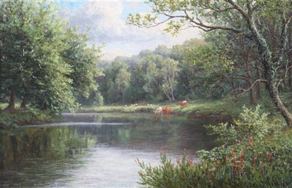 River Landscape With Cattle Watering - view 1
