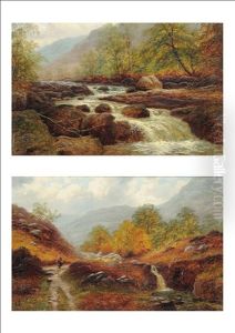 River Landscape, A Waterfall In The Foreground (+ Figure On A Path, Sheep Grazing Nearby Pair) by William Mellor