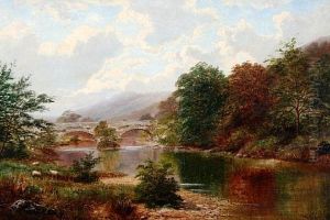 Autumn Tints - Bridge Over A River With Woodland And Sheep (north Wales?) by William Mellor