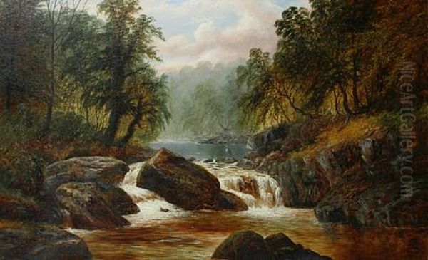 A Wooded River Scene With A Heron Perched On The Rocks - view 1