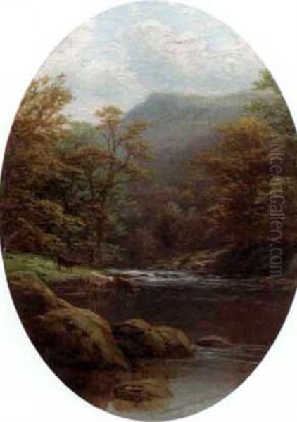 A River Scene, Cattle Wateriing, Mountains In The Distance - view 1