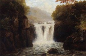 A Waterfall In A Wooded Landscape by William Mellor