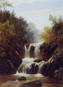 Waterfall In Wooded River Landscape by William Mellor