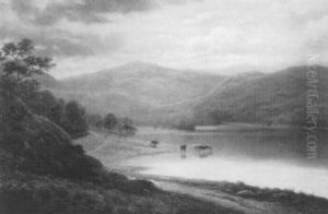 Thirlmere, Westmorland, Cattle Watering In Early Morning Sunlight by William Mellor