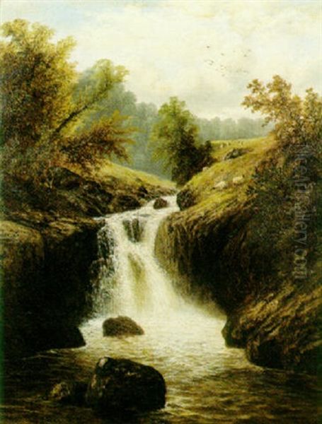 Sheep Grazing Near A Waterfall - view 1