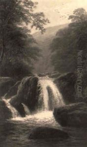 A Waterfall In A Wooded River Landscape by William Mellor