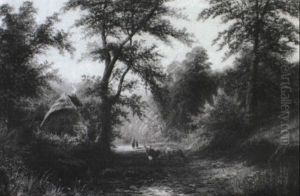 Woodland Cottage With Figures And Cattle by William Mellor