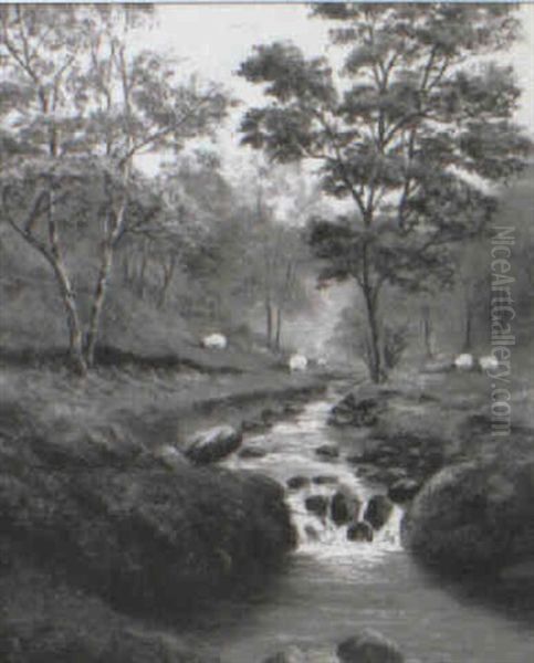 Wooded River Landscape With Sheep Grazing On The Banks - view 1