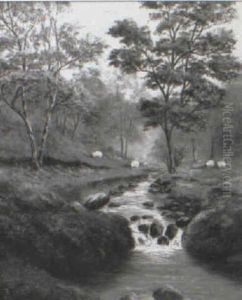 Wooded River Landscape With Sheep Grazing On The Banks by William Mellor