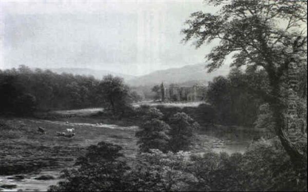 View Of Bolton Abbey And The River Wharfe With Sheep And Cattle - view 1