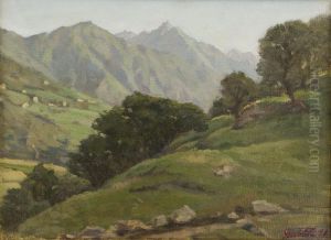 Paesaggio Montano Con Alberi E Prato Verdeggiante, Cime Sullo Sfondo by Cesare Bertolotti