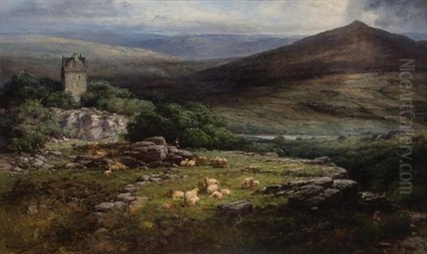 Scottish Landscape With A Flock Of Sheep And A Tower - view 1