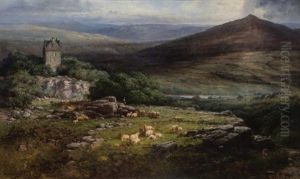 Scottish Landscape With A Flock Of Sheep And A Tower